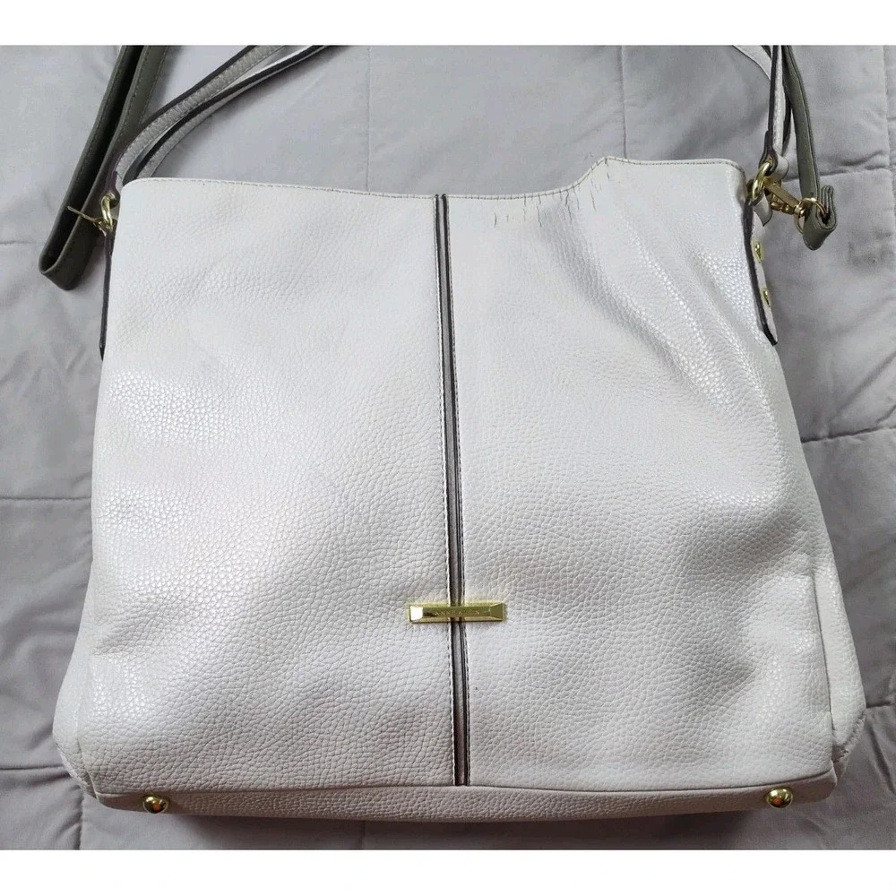 Anne Klein White Pebbled Faux Leather Satchel Shoulder Bag Logo/Gold Hardware